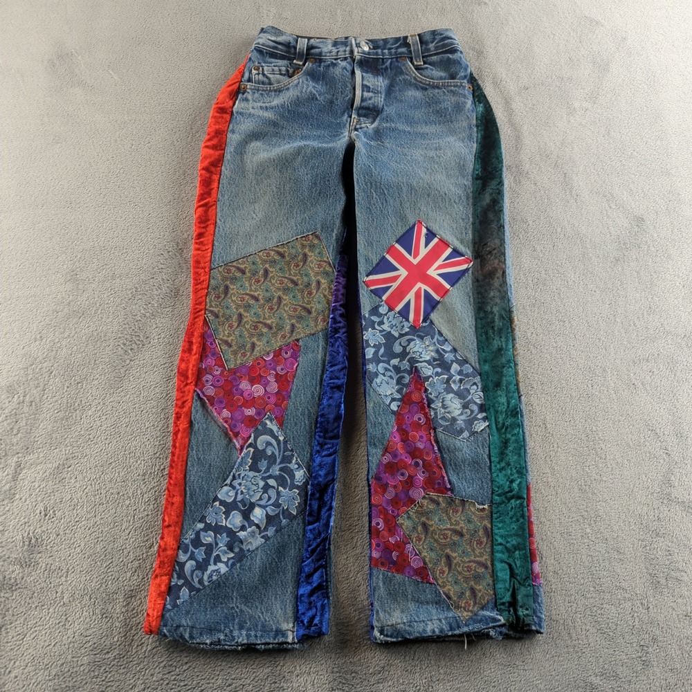 Vintage 90s Levis Custom Patchwork Jeans W24 L26 Blue Straight Hippie Boho